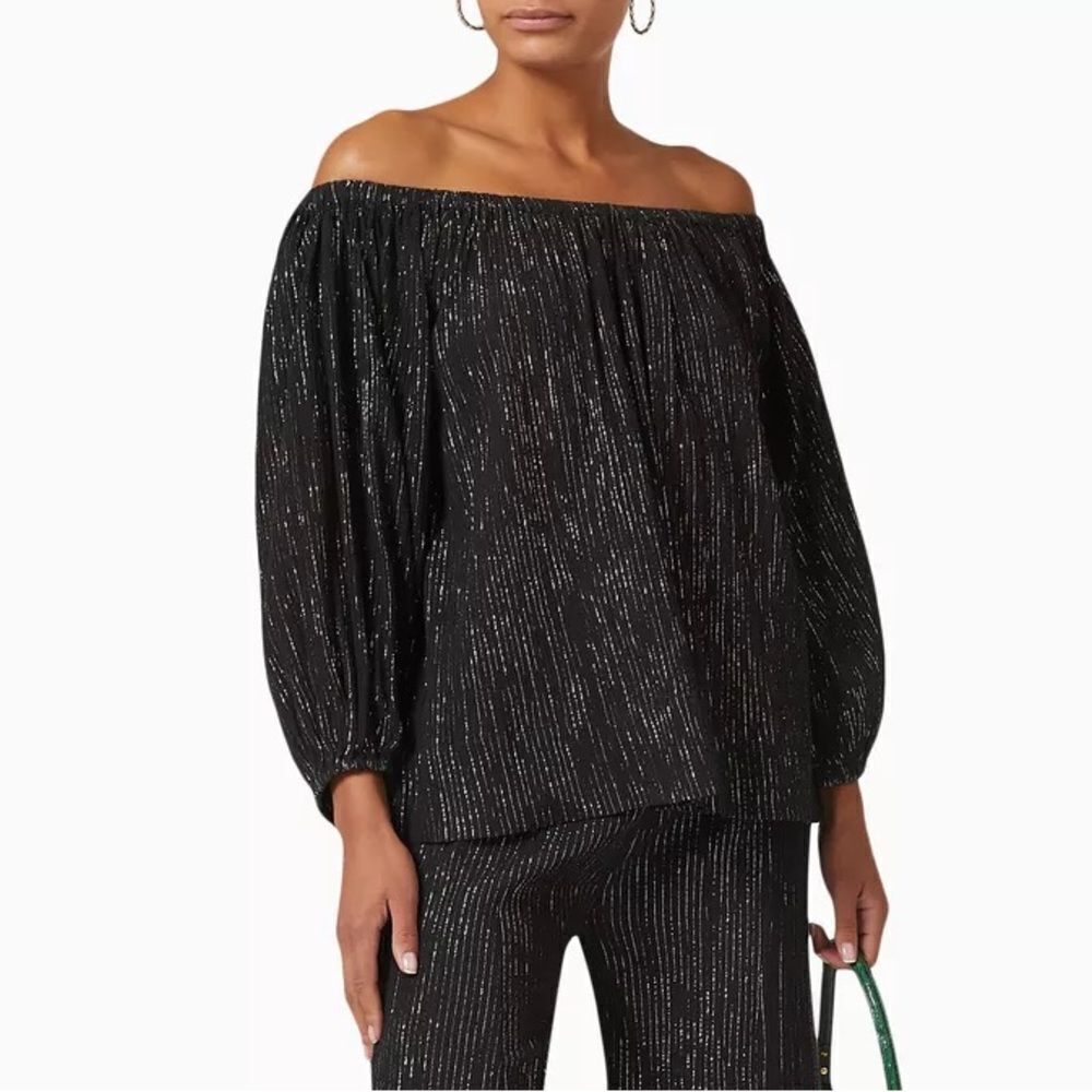 Revolve Suzie Kondi Black Lurex Gauze Rhea Off-Shoulder Top Size Medium
